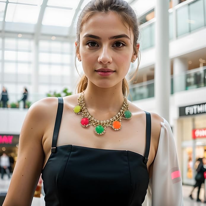 Colorful Round Pendant Necklace for Women Gold Color Chain Glass Crystal Rhinestone Bead Statement Ladies Metal Alloy Jewelry