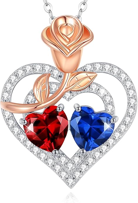 AGVANA Valentines Day Gifts Birthstone Necklace for Women Sterling Silver Rose Flower Heart Double Birthstone Jewelry Pendant Necklace Anniversary Birthday Gifts for Women Mom Wife Girlfriend Her