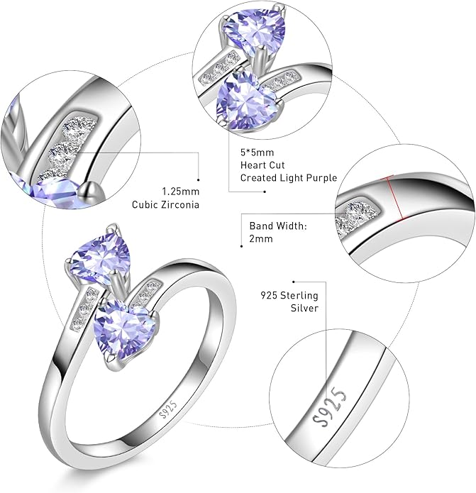 1CT Adjustable Women Heart Ring 925 Sterling Silver Birthstone Rings for Women Promise Ring for her Simulated Gemstone Statement Stackable Band Width 2mm Open Size 5~9