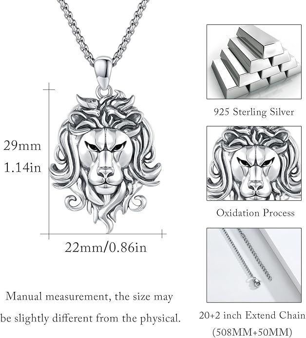 Cuoka Lion Necklace for Men Women S925 Sterling Silver King Retro Punk Gothic Hip Hop Rock Animal Lion Head Pendant Charm Jewelry Chain Necklace Viking Protection Amulet Necklaces
