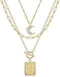MJartoria Layered Initial Necklaces for Women Trendy, 14K Gold Plated Brass Simple Moon Choker Square Letter Pendant Necklace, Paperclip Chain Necklaces Jewelry Gifts