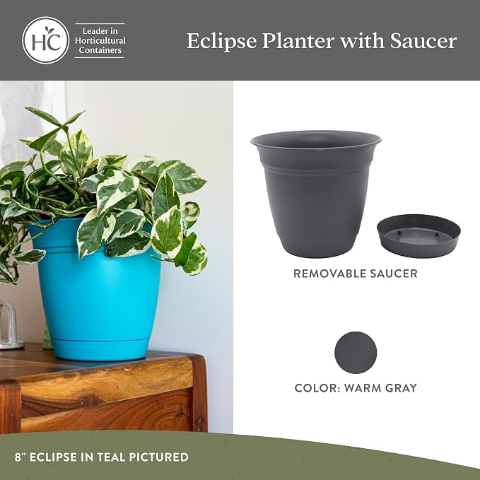 The HC Companies Eclipse Round Planter Pot, 6 Inch, Warm Gray, Attached Saucer - Image 2