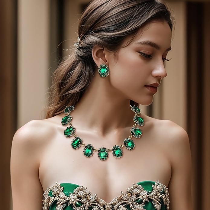 BriLove Victorian Style Statement Necklace Pierced Earrings Jewelry Set for Women Crystal Floral Cameo Inspired Oval Jewellery for Party Prom
