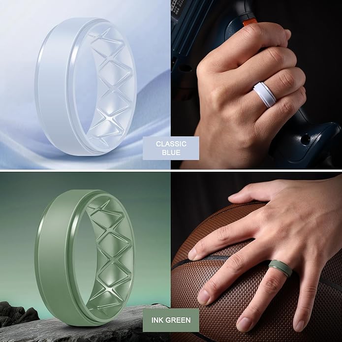 Egnaro Men's Rings 8.5mm Wide-2mm Thick Inner Arc Ergonomic Breathable Rubber Wedding bands-Hypoallergenic for Gym/Outdoor/Gift((1-7 Variety Pack with Half Size)