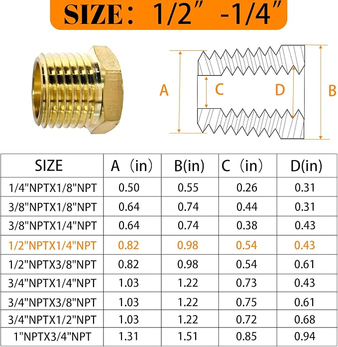 2 Pcs Brass Bushing 1/2" Male to 1/4" Female, 1/2" to 1/4" NPT Adapter Hex - Image 2