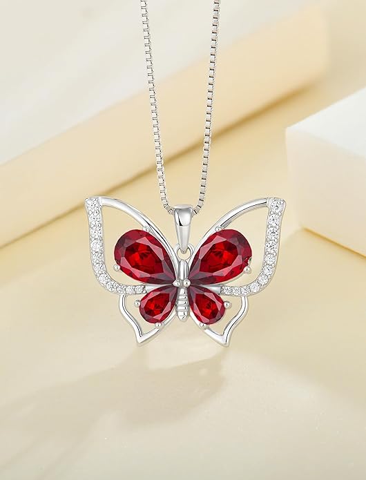 YL Women's Butterfly Necklace 925 Sterling Silver Flower Rose Pendant Birthstone Halo Jewelry