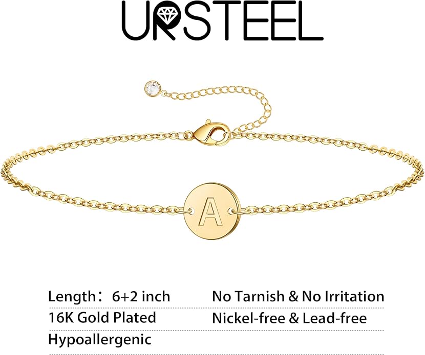 Ursteel Gold Initial Bracelet for Women Trendy - Valentines Day Gifts for Kids Teen Girls, Personalized A-Z Letter Cute Bracelet for Women, Dainty Gold Coin Disc Womens Jewelry Gifts