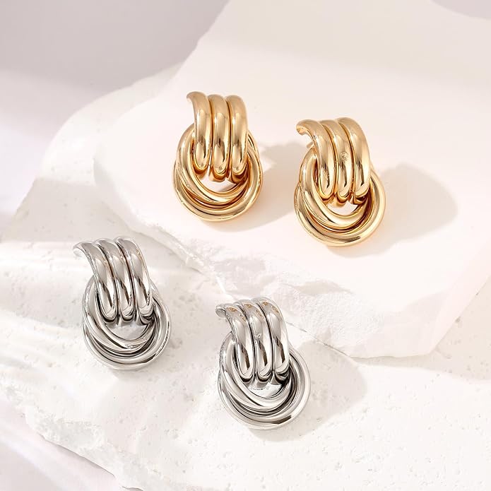 Gold/Silver Statement Geometric Earrings for Women Chunky Gold Knot Link Drop Dangle Earrings Trendy Jewelry Gift