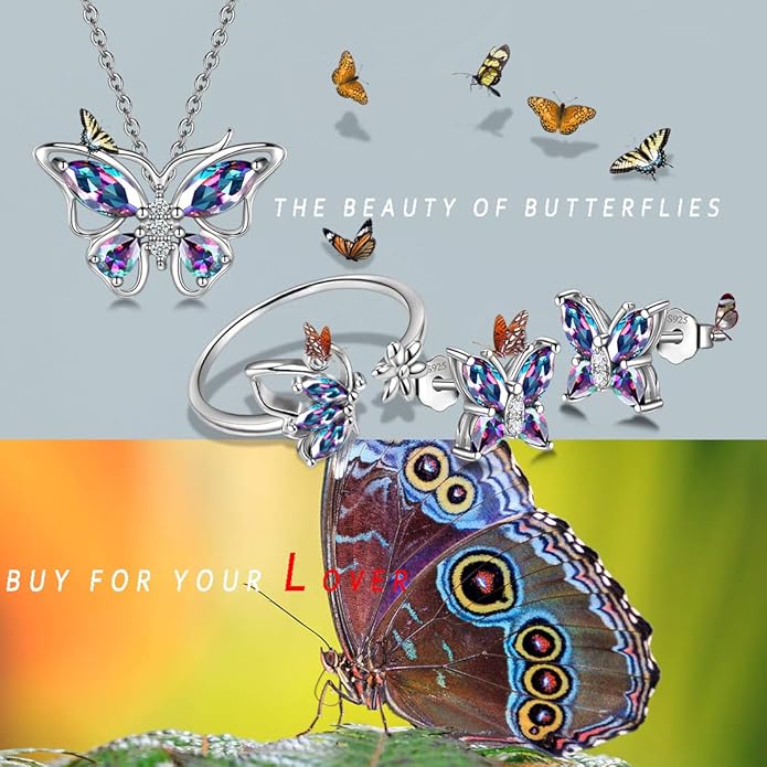 925 Sterling Silver Birthstone Butterfly Jewelry Women Crystal Animal Cute Butterflies Birthday Necklace/Earring/Ring/Bracelet Sets Birth Stone Statement Anniversary Jewellery