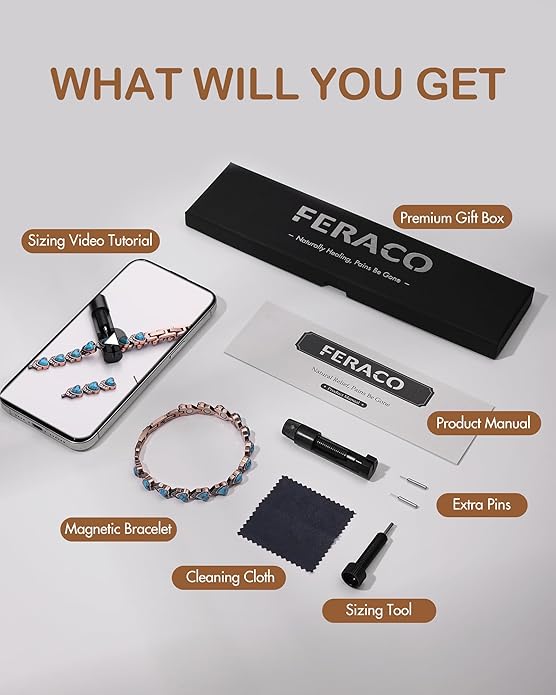 Feraco Pure Copper Bracelets for Women, Ultra Strength Magnetic Bracelet with 3800 Gauss Magnets & Natural Turquoise & Stones, Adjustable, Jewelry Gift