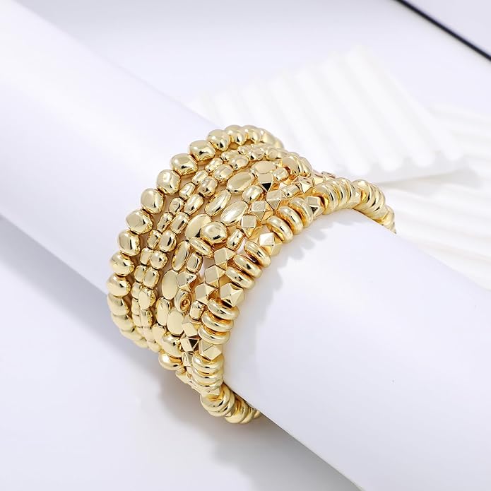 Gold Plated Beaded Bracelets for Women Trendy, 14K Gold Plated Stack Cross Pearl Gold Plated Bead Stretch Bracelets Set Elastic Hypoallergenic Bracelets Jewelry Gifts