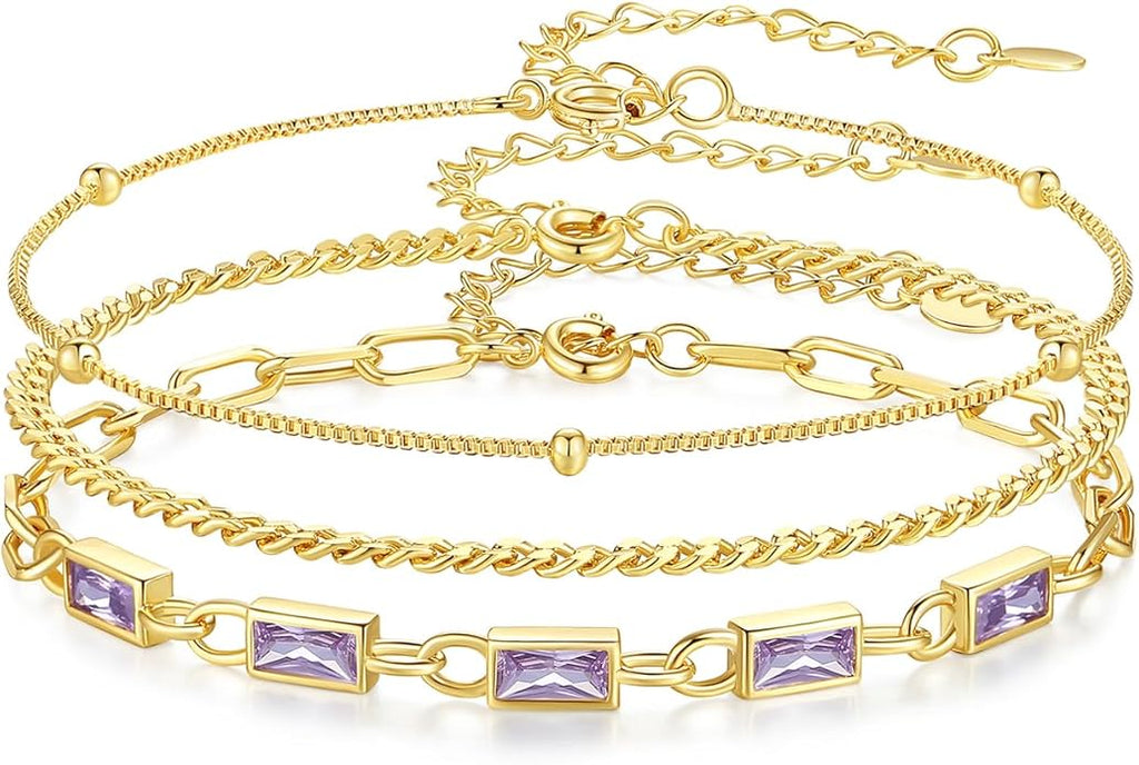 Gold Birthstone Bracelet for Women, 18K Gold Plated Layered Jewelry Bracelet Set, Womens Dainty Stackable Bracelets Link Paperclip Chain Valentines Day Gift for Wife Her