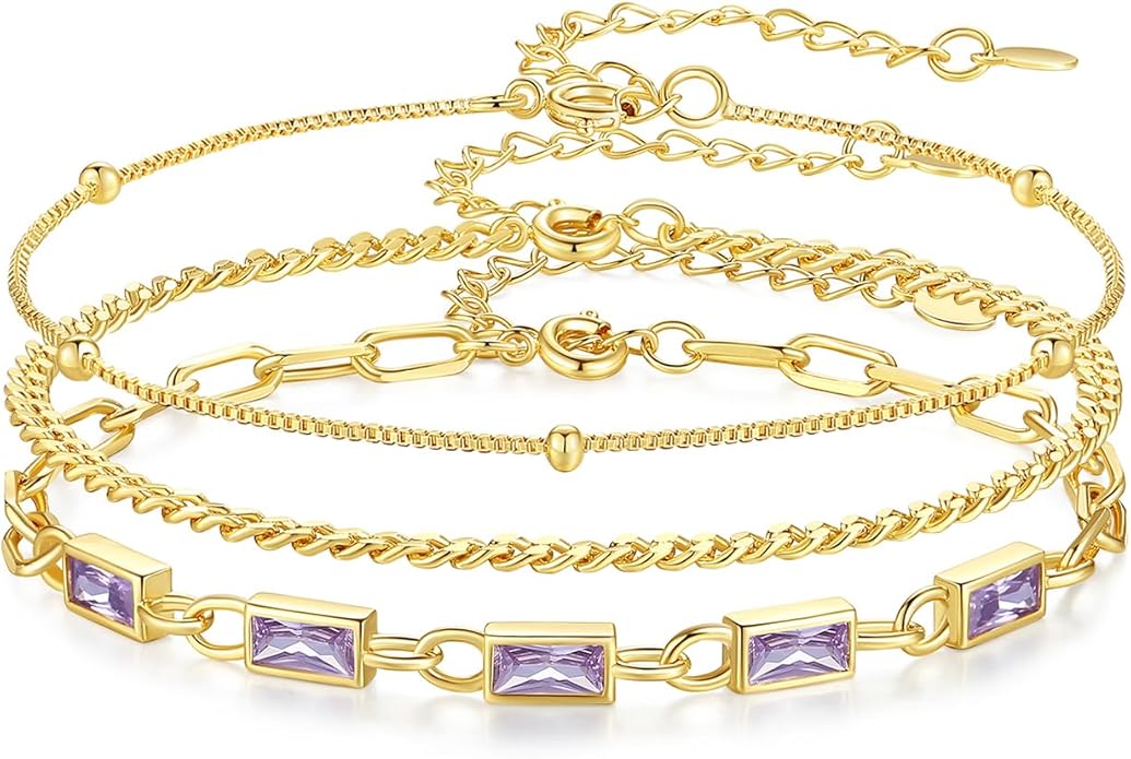 Gold Birthstone Bracelet for Women, 18K Gold Plated Layered Jewelry Bracelet Set, Womens Dainty Stackable Bracelets Link Paperclip Chain Valentines Day Gift for Wife Her