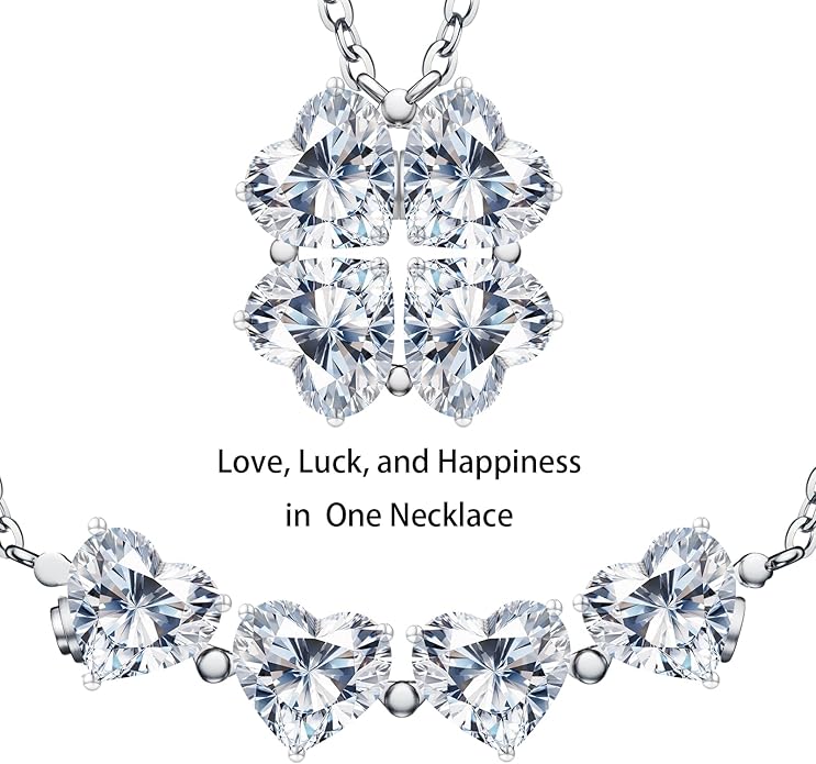 Luckylove 2-In-1 Four Heart Necklace for Women, 4 or 2 Carats Moissanite, Sterling Silver Jewelry, Anniversary Birthday Christmas Valentines Day, Special Gifts For Wife Girlfriend Daughter Her