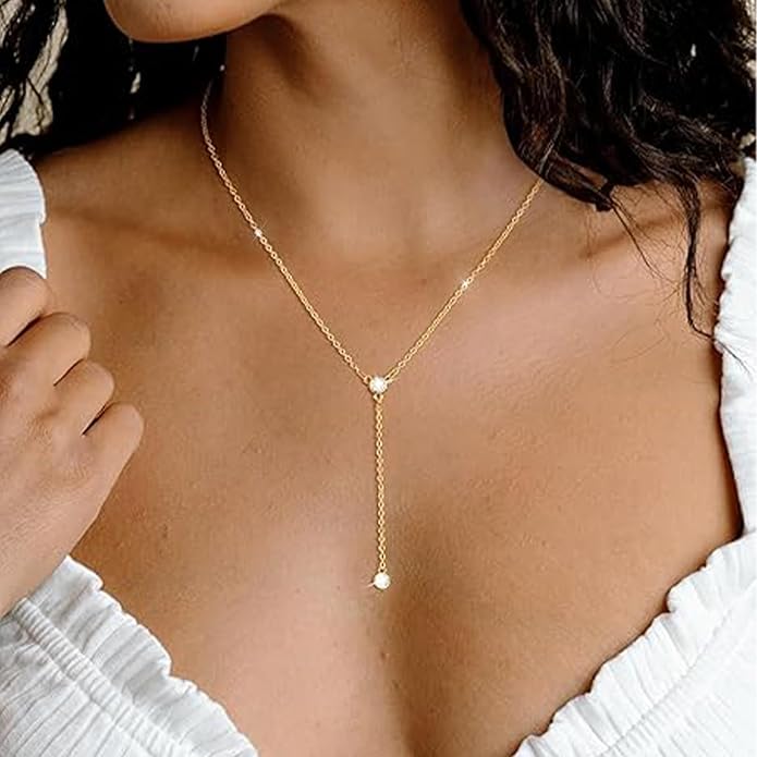Gold Necklace for Women Trendy Lariat Y Necklace Dainty 14k Gold Plated/Silver Long Necklaces for Women Layered Beaded Drop Necklaces Simple Y-Shaped Chain Jewelry Gifts