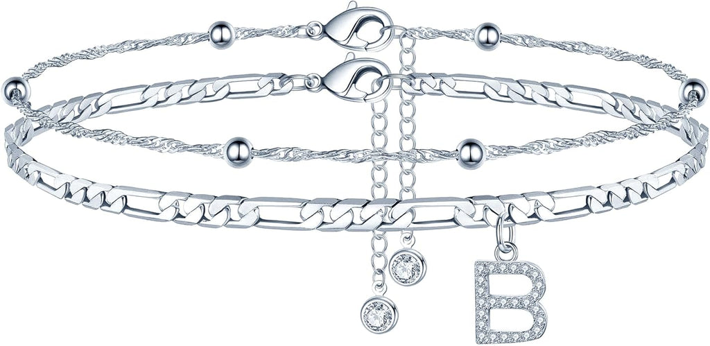 Ursteel Ankle Bracelets for Women, 14K Gold Plated Dainty Layered Chain CZ Initial Anklets Summer Jewelry Gifts for Women
