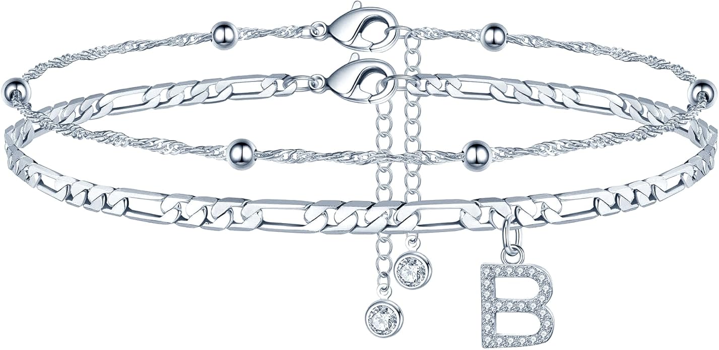 Ursteel Ankle Bracelets for Women, 14K Gold Plated Dainty Layered Chain CZ Initial Anklets Summer Jewelry Gifts for Women