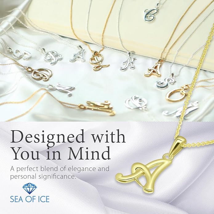 SEA OF ICE Letter Initial Necklace, Alphabet Letter Pendant Necklace, Sterling Silver, Gold, Rose Gold Necklace for Women, Elegant Initial Necklaces, Personalized Custom Women's Necklaces