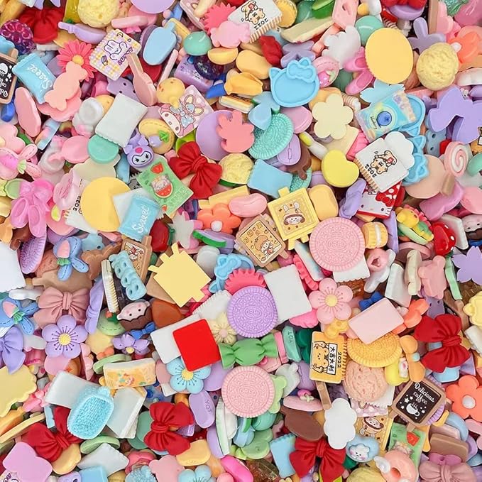 50pcs Cute Slime Charms Mixed Set Resin Flatback for DIY Craft Making and Ornament Scrapbooking Beads Assorted Candy Fruit Cake Resin Ornament Kit Making Supplies