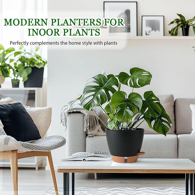 2 Pack 8 Inch Pots for Plants Indoor, Plastic Self Watering Planters | Drainage - Image 2