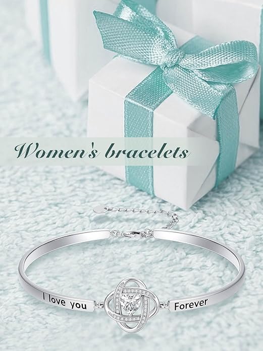Valentines Day Gifts for Her, 18k White Gold Plated Love Knot Bracelets, Engraved Inspirational and Sentiment Bangle, Anniversary Birthday Jewelry Gift for Lover Wife Girlfriend Sister Friends