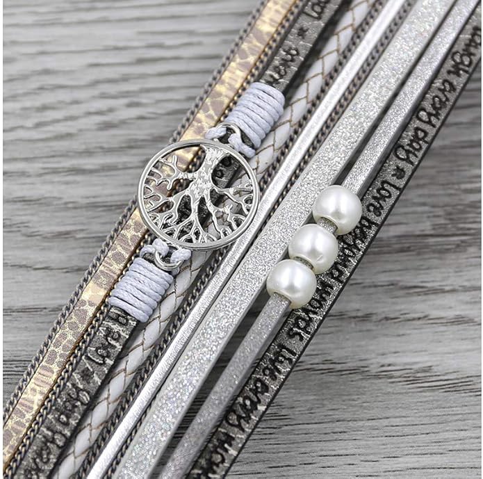 Fesciory Leopard Bracelet for Women, Boho Leather Wrap Multi-Layer Pearl Crystal Bracelet Bangle Jewelry
