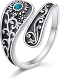 FLYOW Sterling Silver Sunflower Spoon Ring Victorian Style Boho Antique Flower Adjustable Open Ring Retro Statement Cubic Zirconial/Turquoise/Oxidized Thumb Rings for Women Birthday Christmas Jewelry
