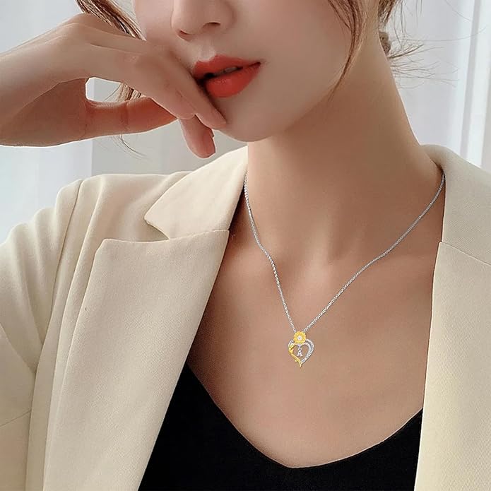 Initial Necklace 925 Sterling Silver Sunflower Heart Letter Pendant Alphabet Anniversary Birthday Jewelry Gifts for Women Mom Girlfriend Wife Her