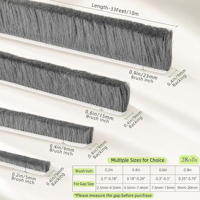 ZOMPAGO Brush Weather Stripping Door Window Seal, 0.9 x 0.4 x 66 FT | Felt - Image 2