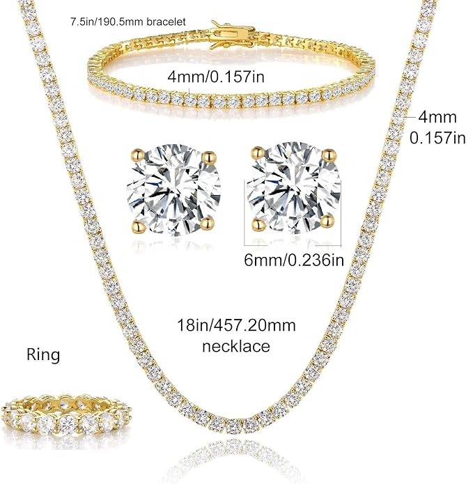 Gemsme 18K White Gold Plated Tennis Necklace/Bracelet/Earrings/Band Ring Sets Hypoallergenic Jewelry Pack of 4