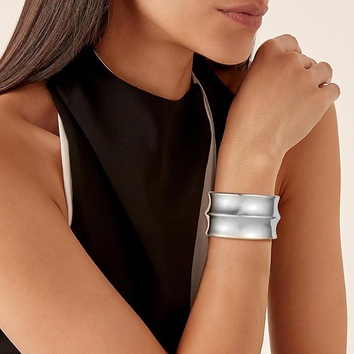 HZMAN 18K Gold Plated Wide Cuff Bracelet for Women - Premium Alloy Shiny Polished Double Layer Statement Bangle, Trendy Daily Wear Party Jewelry Accessory