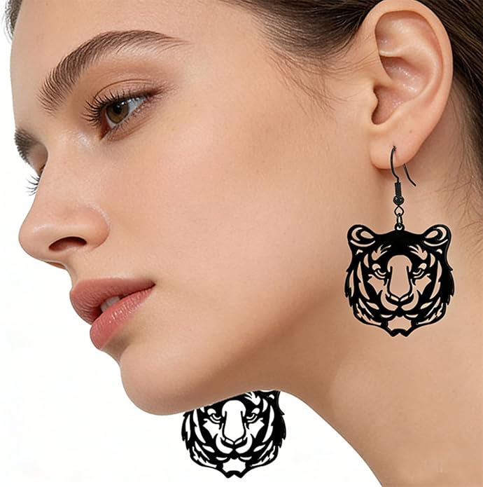 WCRAZYE Tiger Head Earrings for Women, Lightweight Gold, Football Team Spirit Mascot, Animal Inspired Game Day Jewelry