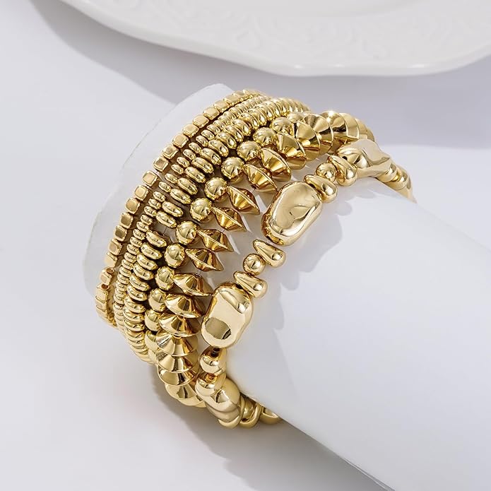 Gold Plated Beaded Bracelets for Women Trendy, 14K Gold Plated Stack Cross Pearl Gold Plated Bead Stretch Bracelets Set Elastic Hypoallergenic Bracelets Jewelry Gifts