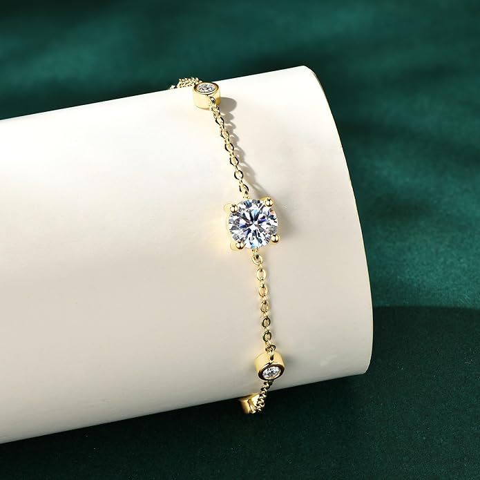 Bezel Station Link Bracelets for Women, 1.36cttw D Color Moissanite Bracelet 925 Sterling Silver for Wife or Mom, Adjustable Chain