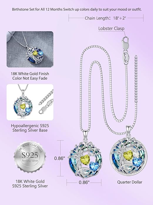 TOUPOP s925 Sterling Silver Family Celtic Tree of Life Pendant Necklaces with 2 Heart Birthstone with Blue Austrian Crystal Jewelry Birthday Valentines Day Gifts for Her, Anniversary Christmas Gifts for Wife Girlfriend Mom (18K Real White Gold Filled)