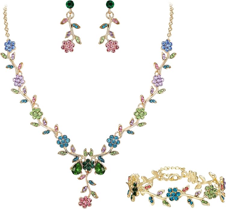 BriLove Women's Wedding Jewelry Leaf Cluster Flower Crystal Dangle Earrings Pendant Necklace Set for Bridal
