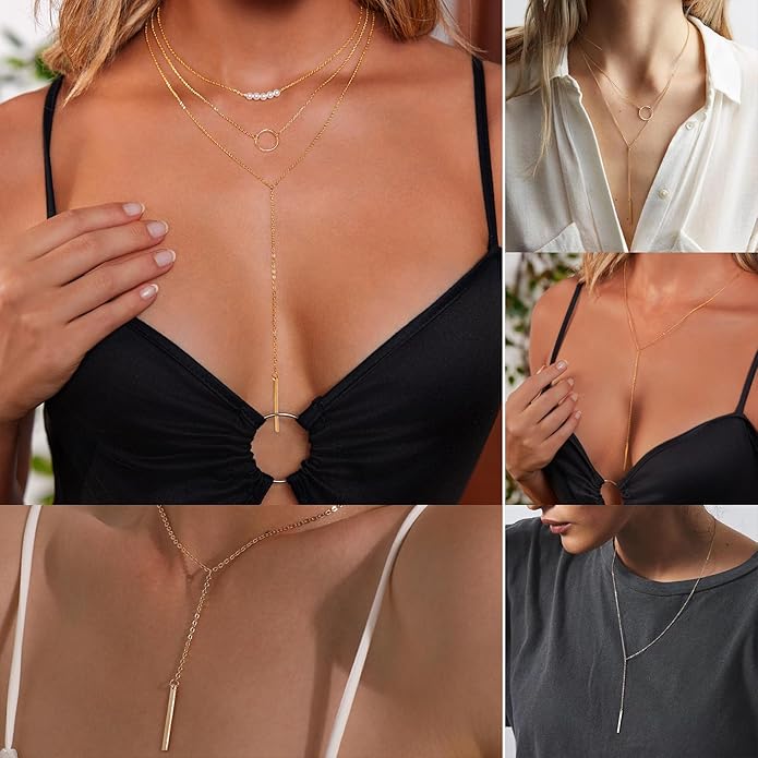 Lariat Gold Necklace for Women Dainty Long Necklace 14k Gold Plated/Silver Y-Shaped Pendant Drop Chain Trendy Layered Pearl/Beaded/CZ Necklaces Simple Gold Jewelry For Women Gift