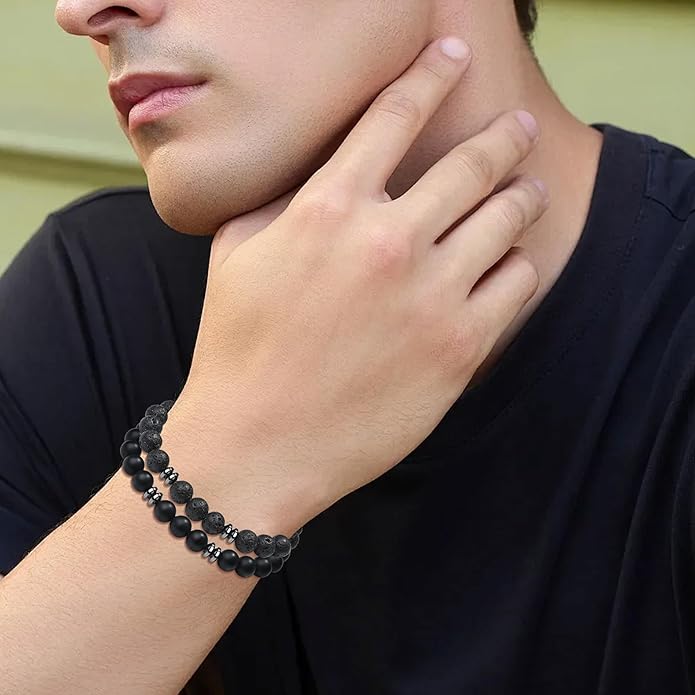 XIANNVXI Natural Stone Beads Bracelet for Men Crystal Bracelets 8MM Tiger Eye Lava Rock Obsidian Beaded Bracelet Set Black/Red/Blue Crystal Beaded Bracelets for Men