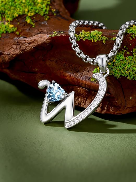 Valentines Day Gifts for Women Alphabet A to Z Initial Birthstone Pendant Necklaces for Women - 18k White Gold Plated Personalized Name Jewelry Valentine Mothers Day Birthday Gifts for Women Her Girlfriend