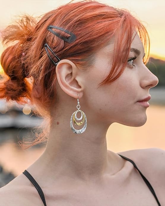 Boho Three Oval Drop Dangle Earrings Silver Earrings for Women Trendy Two Tone Bohemian Jewelry for Thanksgiving and Christmas Gifts