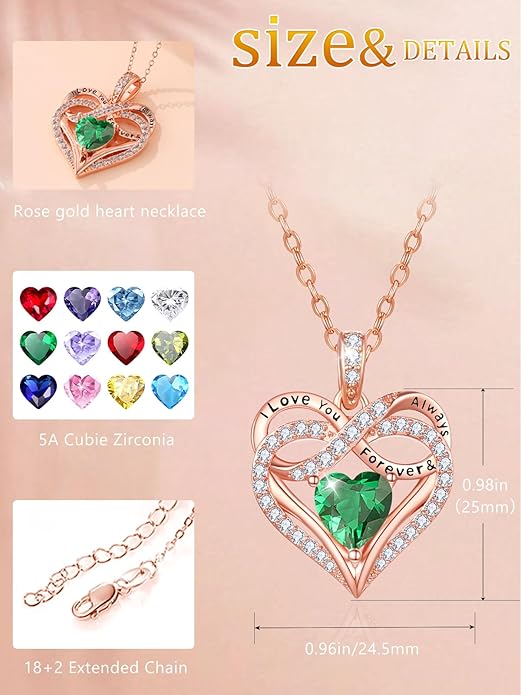 Infinity Rose Gold Valentines Heart Birthstone Necklace for Women,I Love You Always and Forever Jewelry,Valentines Anniversary Birthday Gifts for Her Wife Mom Grandma Daughter