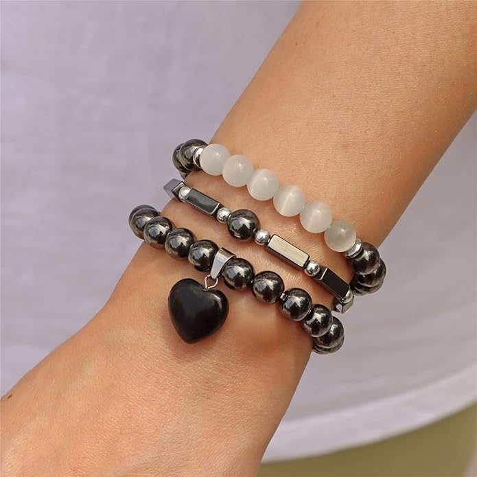 Healing Crystal Beaded Bracelets for Women,Natural Amethyst Gemstones Bracelet,Anxiety Stress Relief Heart Charm Bracelet Handmade purple Jewelry Gifts for Women