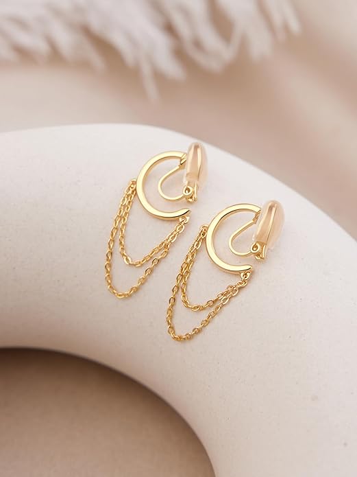 FAN&LOUIS Gold Clip On Earrings for Women, 24K Gold Plated Small Hoop Dangle Chains Drop Trendy Hypoallergenic Non Pierced Earrings Painless Lightweight Clip-On Earrings