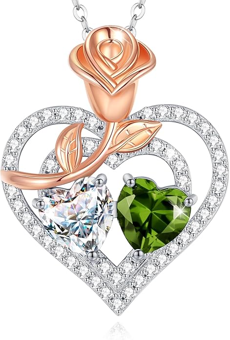 AGVANA Valentines Day Gifts Birthstone Necklace for Women Sterling Silver Rose Flower Heart Double Birthstone Jewelry Pendant Necklace Anniversary Birthday Gifts for Women Mom Wife Girlfriend Her