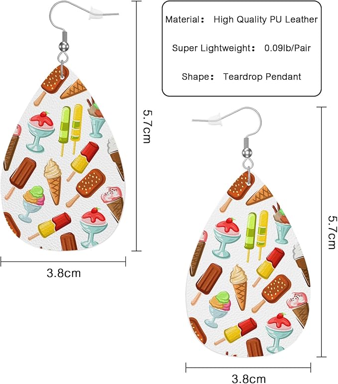 Ice Cream Leather Teardrop Earrings Cute Bright Color Chocolate Ice Cream Sweet Dessert Sundae Cone Faux Leather Water Drop Earrings Jewelry For Women Friends Wedding
