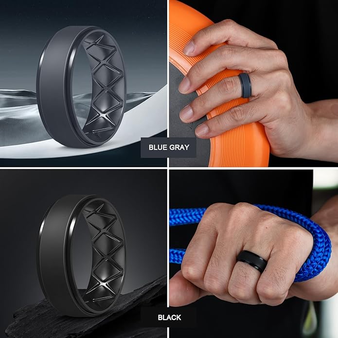 Egnaro Men's Rings 8.5mm Wide-2mm Thick Inner Arc Ergonomic Breathable Rubber Wedding bands-Hypoallergenic for Gym/Outdoor/Gift((1-7 Variety Pack with Half Size)