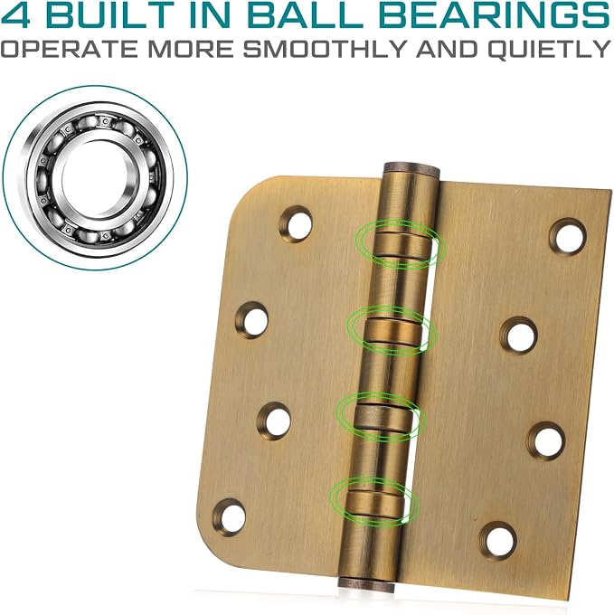 6 Pcs Brass 4'' Ball Bearing Door Hinges, Square and 5/8'' Radius Corner | - Image 5