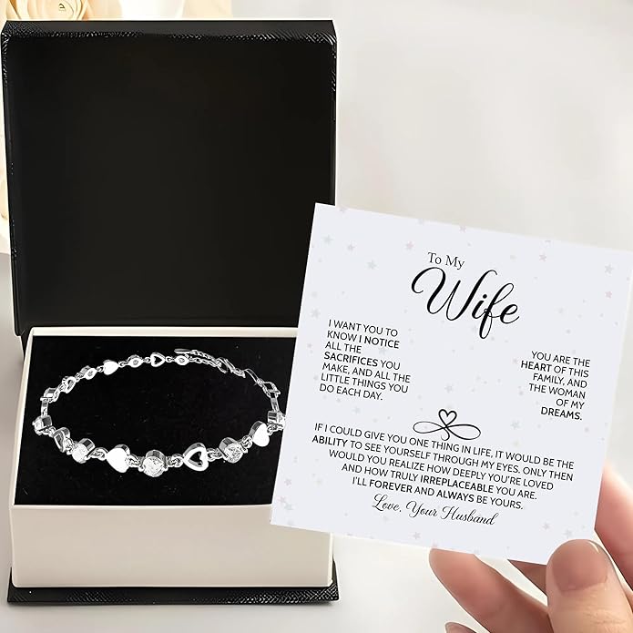 “To My Wife Heart Bracelet – Crystal Heart Link Jewelry Gift with Message Card”.