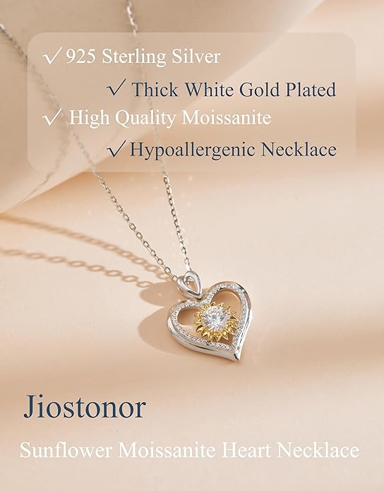 Sunflower Moissanite Heart Necklace for Women, Anniversary Birthday Gift for Wife, S925 Silver Moissanite Lab-Created Gem Jewelry for Her Girlfriend Mom