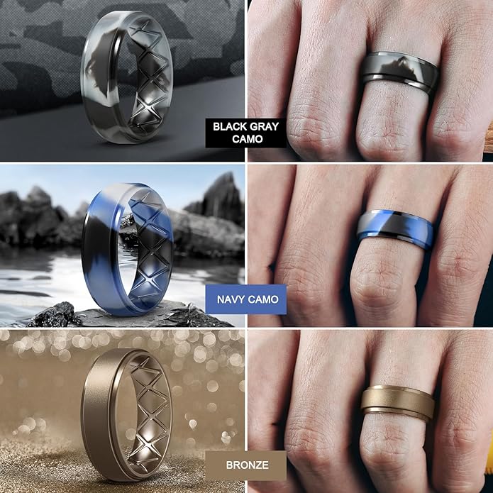 Egnaro Men's Rings 8.5mm Wide-2mm Thick Inner Arc Ergonomic Breathable Rubber Wedding bands-Hypoallergenic for Gym/Outdoor/Gift((1-7 Variety Pack with Half Size)